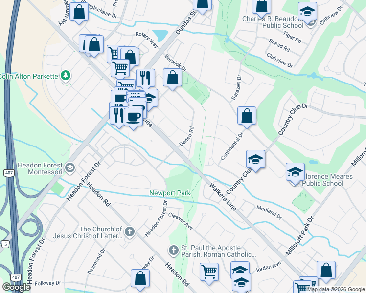 map of restaurants, bars, coffee shops, grocery stores, and more near 5-2871 Darien Road in Burlington