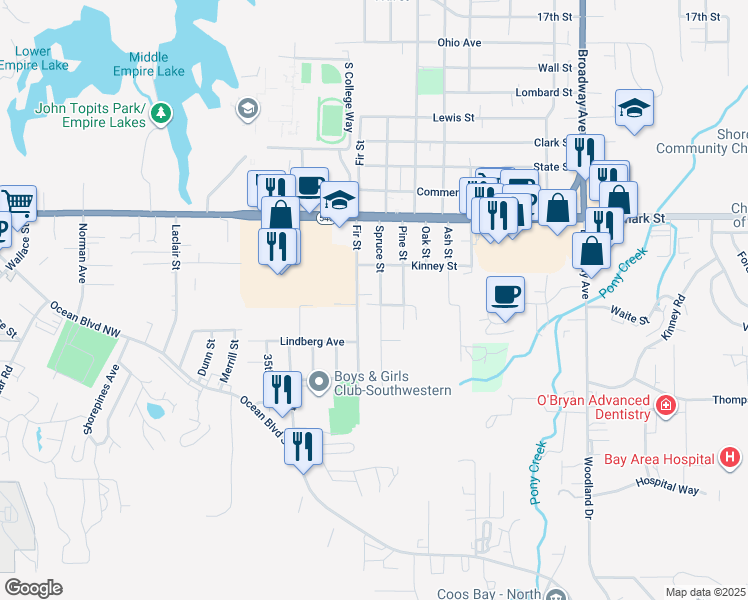 map of restaurants, bars, coffee shops, grocery stores, and more near 2640 Waite Street in North Bend