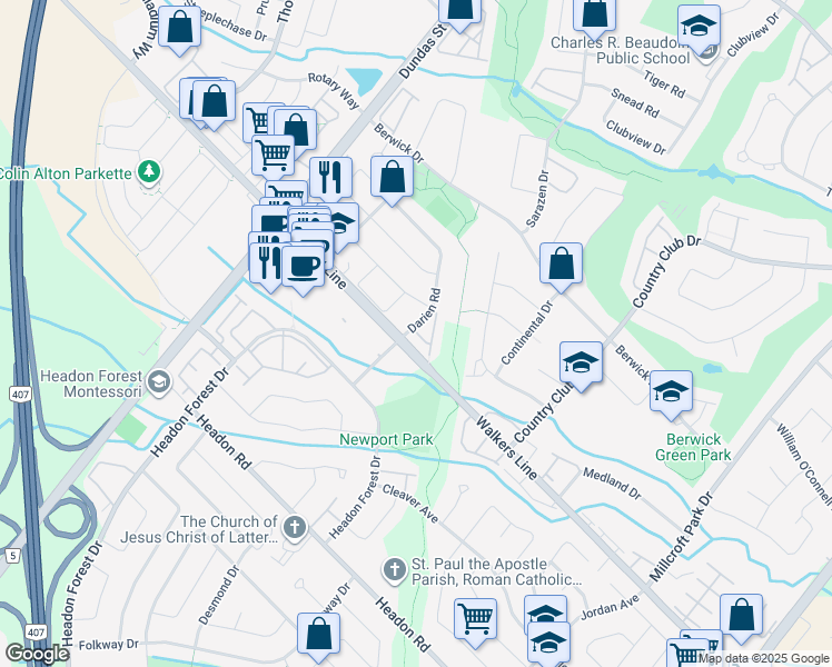 map of restaurants, bars, coffee shops, grocery stores, and more near 2871 Darien Road in Burlington