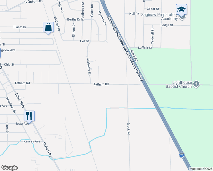map of restaurants, bars, coffee shops, grocery stores, and more near 3384 Tatham Road in Saginaw