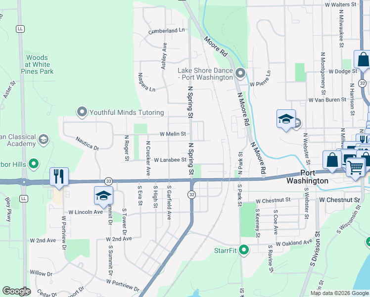 map of restaurants, bars, coffee shops, grocery stores, and more near 223 North Spring Street in Port Washington
