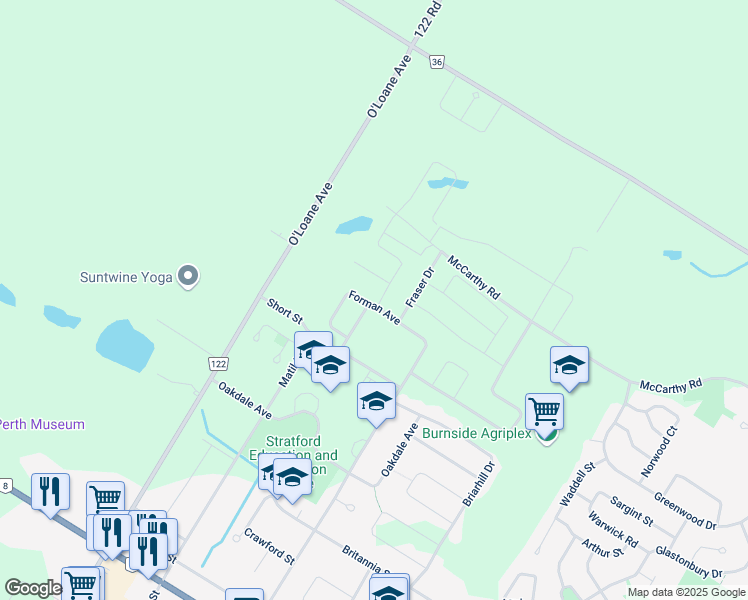 map of restaurants, bars, coffee shops, grocery stores, and more near 623 Forman Avenue in Stratford