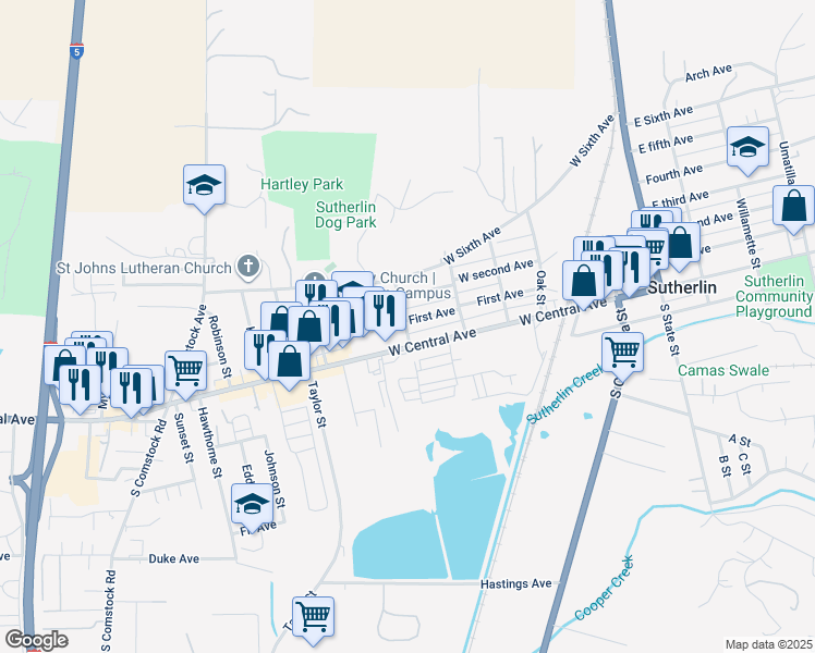 map of restaurants, bars, coffee shops, grocery stores, and more near 753 West Central Avenue in Sutherlin