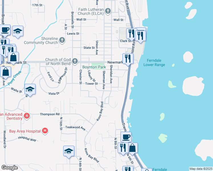 map of restaurants, bars, coffee shops, grocery stores, and more near 3711 Sherman Avenue in North Bend