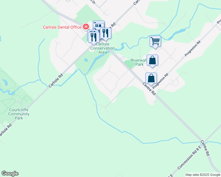 map of restaurants, bars, coffee shops, grocery stores, and more near 21 Meander Close in Hamilton