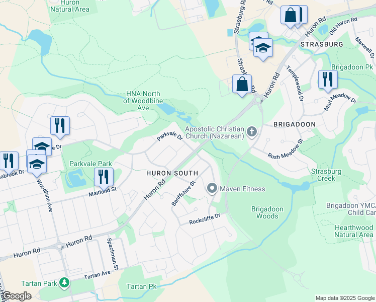 map of restaurants, bars, coffee shops, grocery stores, and more near 7 Parkvale Drive in Kitchener