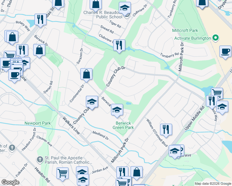 map of restaurants, bars, coffee shops, grocery stores, and more near 4148 Arbourfield Drive in Burlington