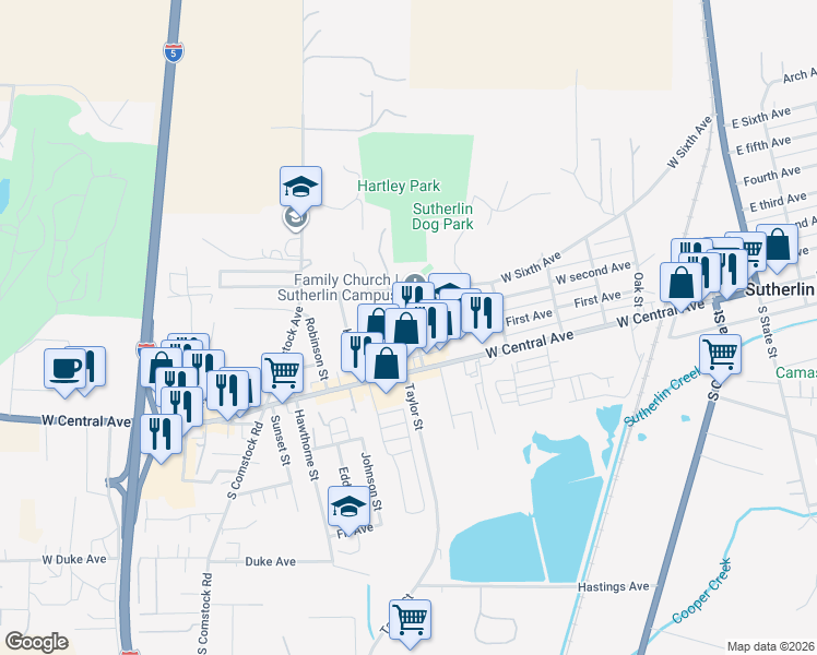 map of restaurants, bars, coffee shops, grocery stores, and more near 265 Branton Street in Sutherlin
