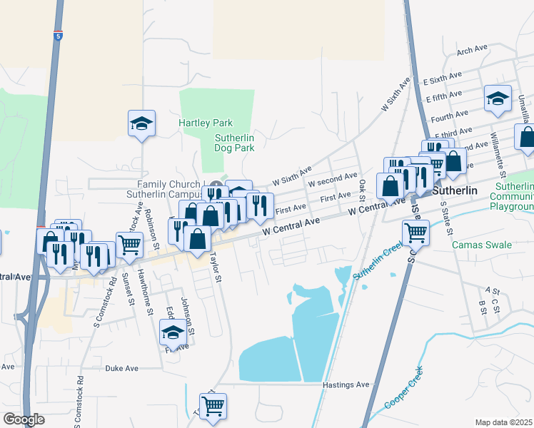 map of restaurants, bars, coffee shops, grocery stores, and more near 753 West Central Avenue in Sutherlin