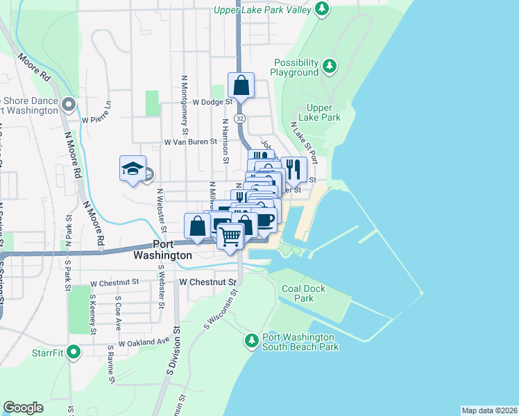 map of restaurants, bars, coffee shops, grocery stores, and more near 114 East Main Street in Port Washington