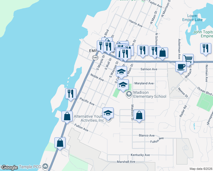 map of restaurants, bars, coffee shops, grocery stores, and more near 330 South Wasson Street in Coos Bay
