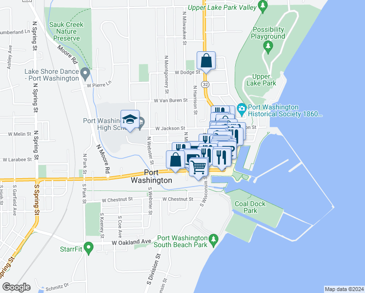 map of restaurants, bars, coffee shops, grocery stores, and more near 207 West Washington Street in Port Washington