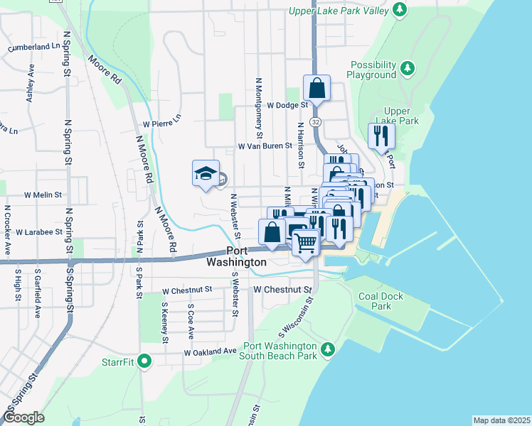 map of restaurants, bars, coffee shops, grocery stores, and more near 229 West Washington Street in Port Washington