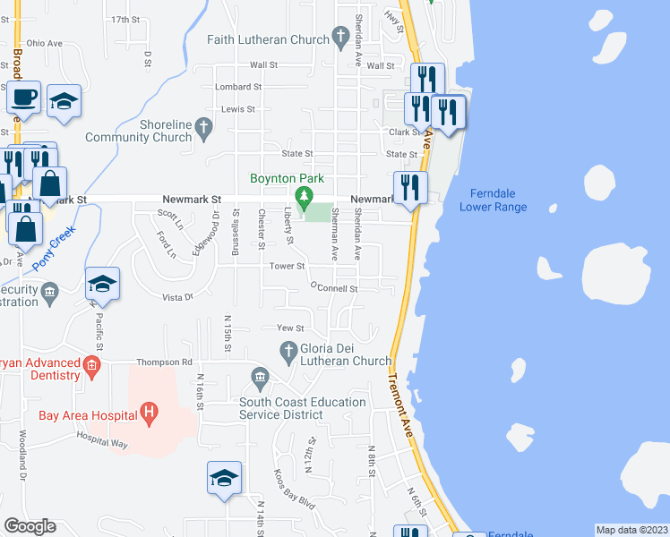 map of restaurants, bars, coffee shops, grocery stores, and more near 3711 Sherman Ave in North Bend