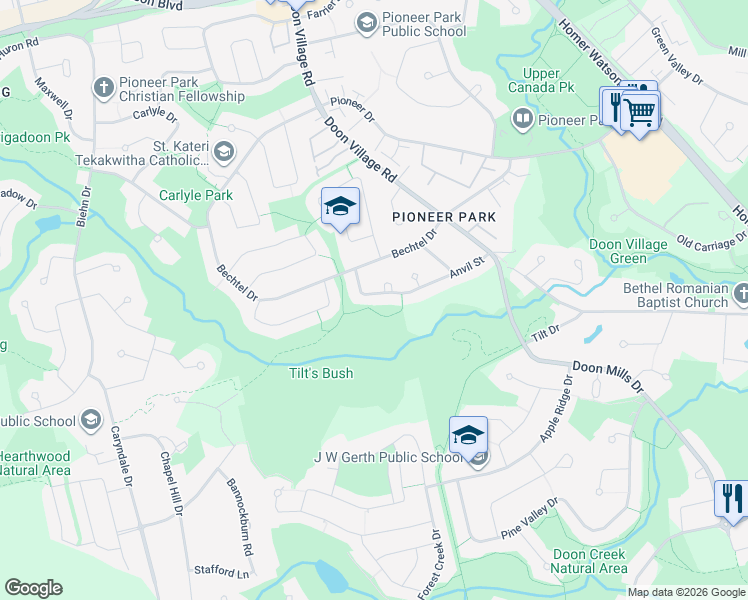 map of restaurants, bars, coffee shops, grocery stores, and more near 129 Anvil Street in Kitchener