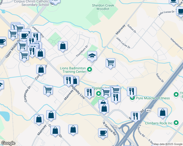 map of restaurants, bars, coffee shops, grocery stores, and more near 5040 Mainway in Burlington