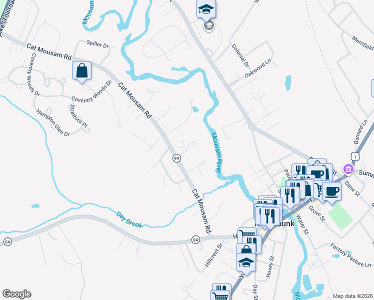map of restaurants, bars, coffee shops, grocery stores, and more near 2 Brazier Lane in Kennebunk