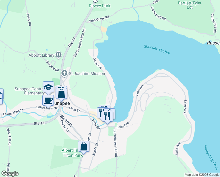 map of restaurants, bars, coffee shops, grocery stores, and more near 55 Garnet Street in Sunapee