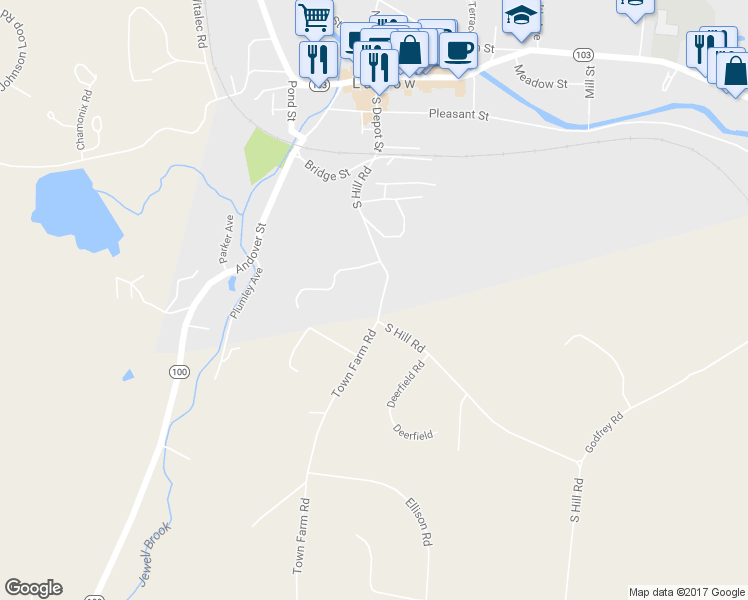 map of restaurants, bars, coffee shops, grocery stores, and more near 44 South Hill Road in Ludlow