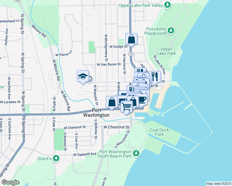map of restaurants, bars, coffee shops, grocery stores, and more near 207 West Washington Street in Port Washington