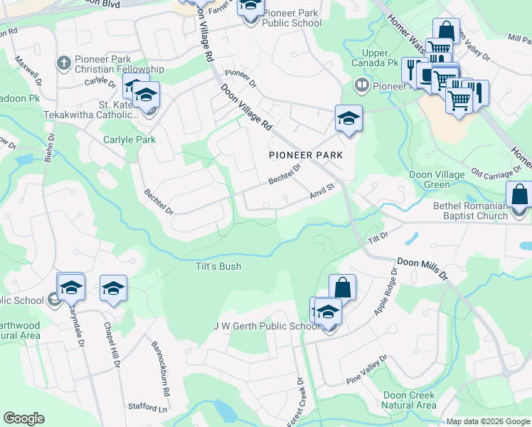 map of restaurants, bars, coffee shops, grocery stores, and more near 129 Anvil Street in Kitchener