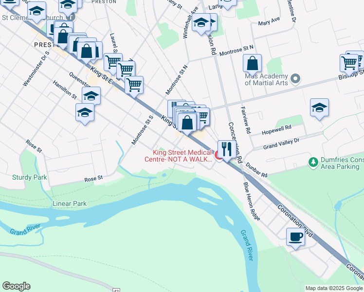 map of restaurants, bars, coffee shops, grocery stores, and more near 1505 Queenston Road in Cambridge
