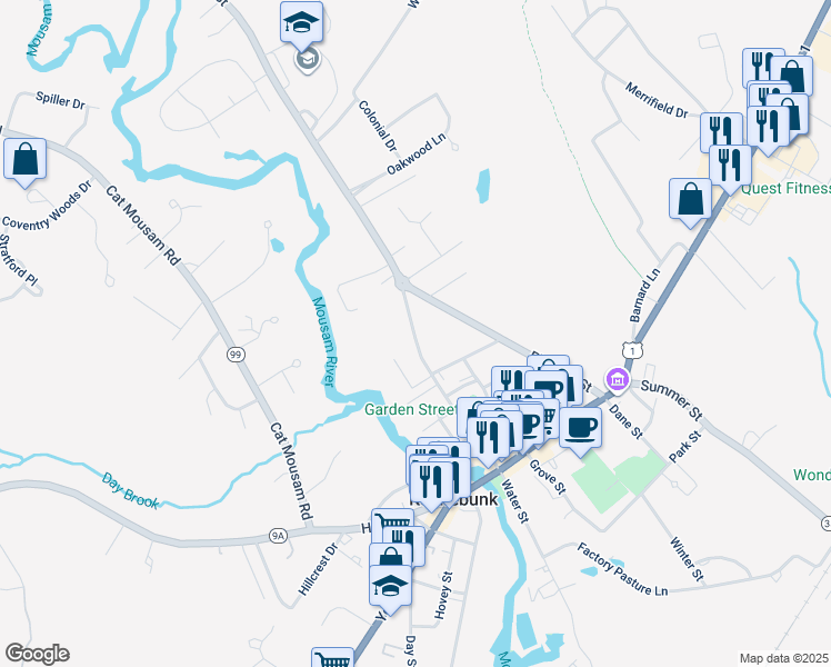 map of restaurants, bars, coffee shops, grocery stores, and more near 45 Storer Street in Kennebunk