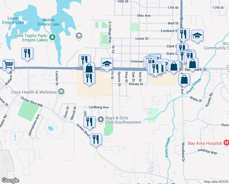 map of restaurants, bars, coffee shops, grocery stores, and more near 2640 Waite Street in North Bend