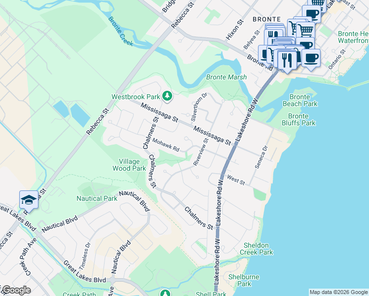 map of restaurants, bars, coffee shops, grocery stores, and more near 175 Mohawk Road in Oakville