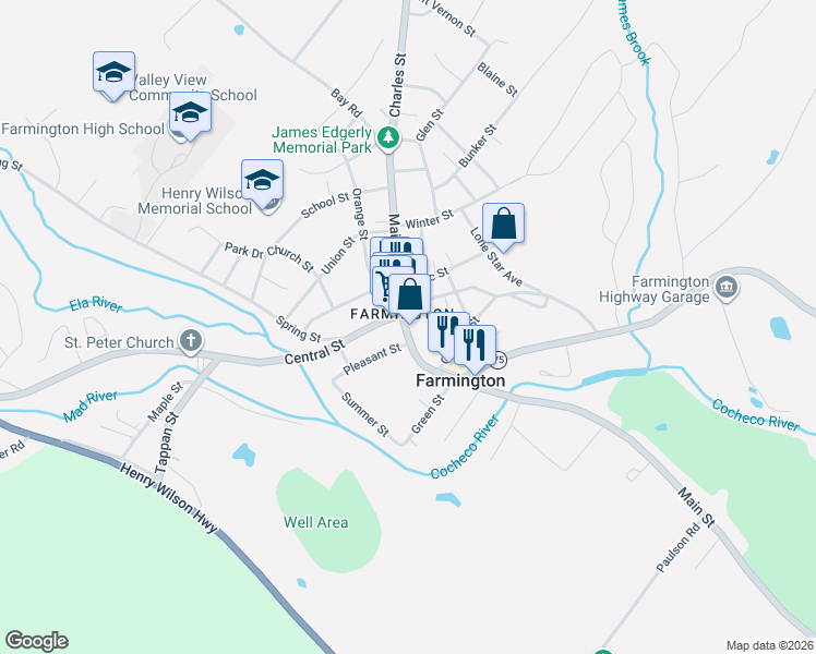 map of restaurants, bars, coffee shops, grocery stores, and more near 12 Main St in Farmington