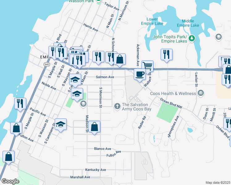 map of restaurants, bars, coffee shops, grocery stores, and more near 251 South Schoneman Street in Coos Bay