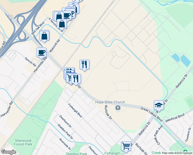 map of restaurants, bars, coffee shops, grocery stores, and more near 3430 Superior Court in Oakville