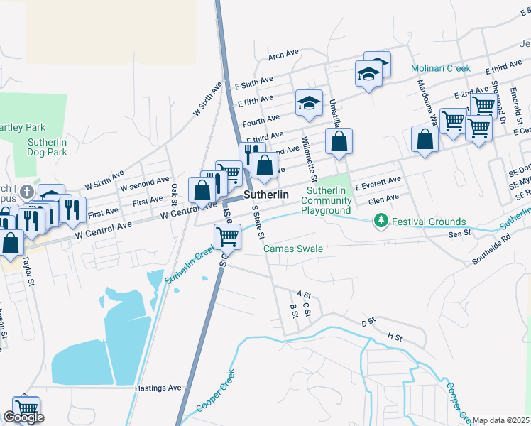 map of restaurants, bars, coffee shops, grocery stores, and more near 174 East Everett Avenue in Sutherlin