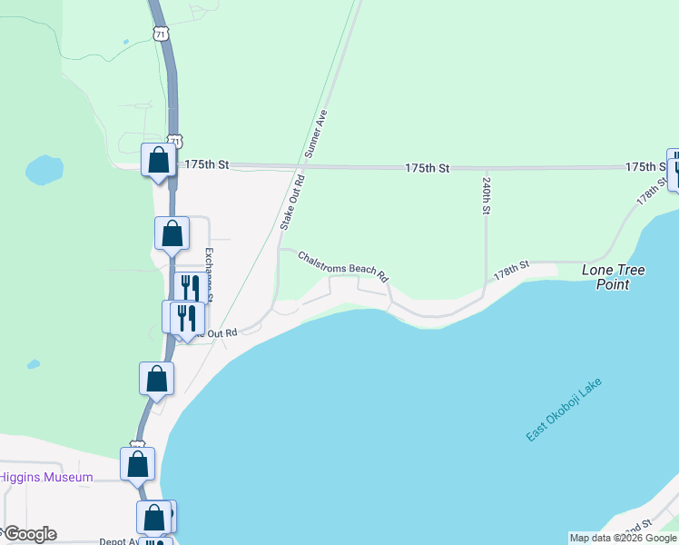 map of restaurants, bars, coffee shops, grocery stores, and more near 23819-23841 Chalstroms Beach Road in Okoboji