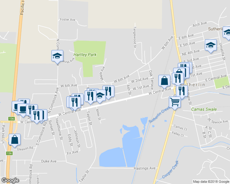 map of restaurants, bars, coffee shops, grocery stores, and more near 210 Northwest Sherman Street in Sutherlin
