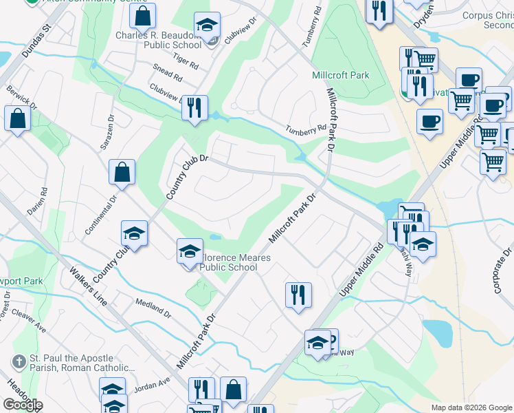 map of restaurants, bars, coffee shops, grocery stores, and more near 4184 Arbourfield Drive in Burlington