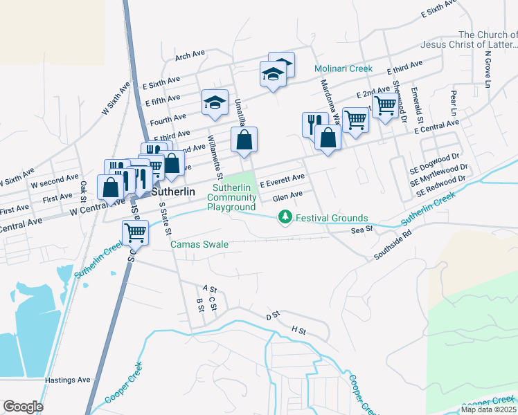 map of restaurants, bars, coffee shops, grocery stores, and more near 299 South Umatilla Street in Sutherlin
