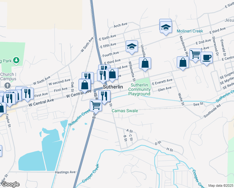 map of restaurants, bars, coffee shops, grocery stores, and more near 174 East Everett Avenue in Sutherlin