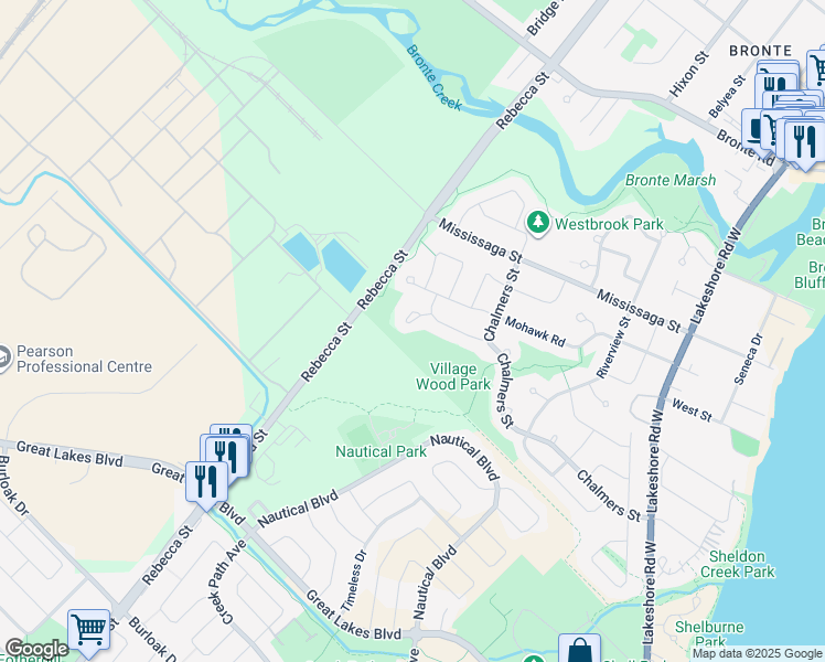 map of restaurants, bars, coffee shops, grocery stores, and more near 254 Wynford Place in Oakville