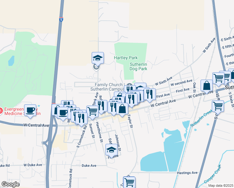 map of restaurants, bars, coffee shops, grocery stores, and more near 275 Grant Street in Sutherlin