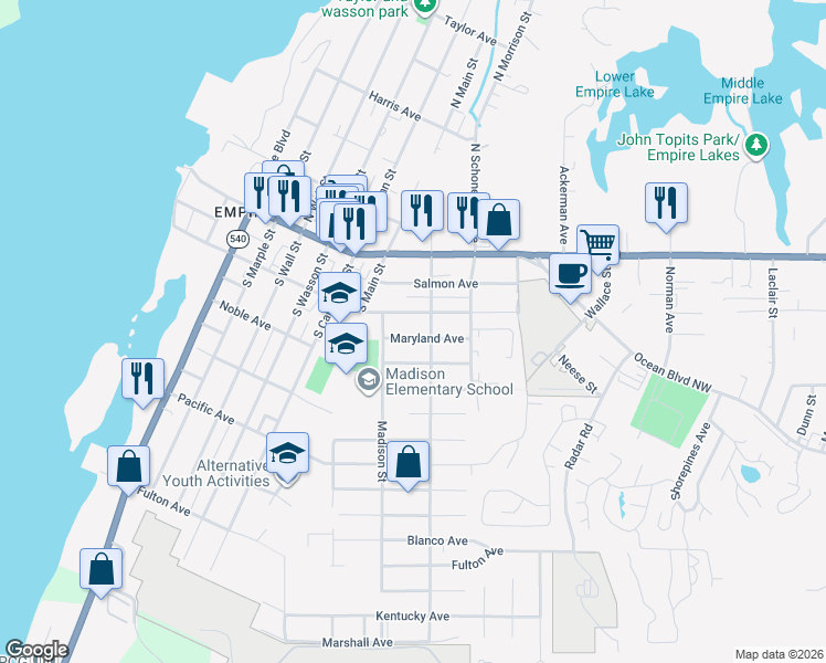 map of restaurants, bars, coffee shops, grocery stores, and more near 977 Maryland Avenue in Coos Bay
