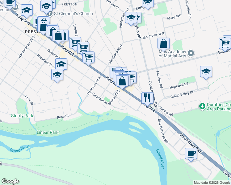 map of restaurants, bars, coffee shops, grocery stores, and more near 148 Bishop Street South in Cambridge