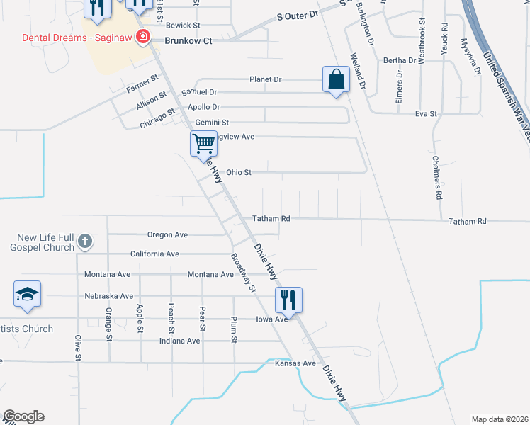 map of restaurants, bars, coffee shops, grocery stores, and more near 2690 Tatham Road in Saginaw