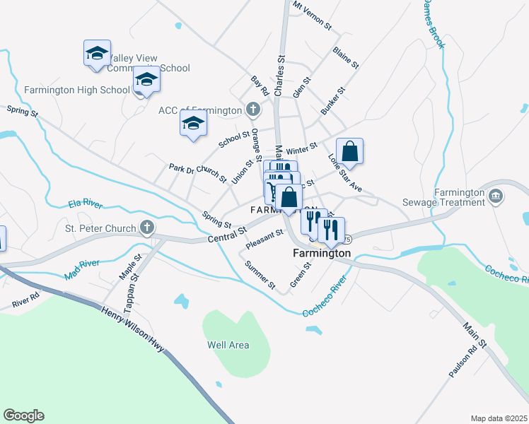 map of restaurants, bars, coffee shops, grocery stores, and more near 13 Central Street in Farmington