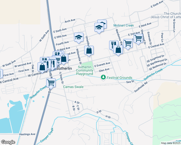 map of restaurants, bars, coffee shops, grocery stores, and more near 299 South Umatilla Street in Sutherlin