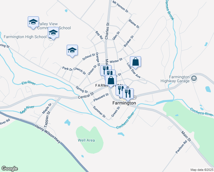 map of restaurants, bars, coffee shops, grocery stores, and more near 3 Central Street in Farmington