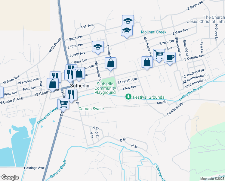 map of restaurants, bars, coffee shops, grocery stores, and more near 299 South Umatilla Street in Sutherlin