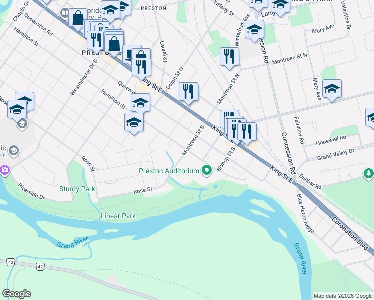 map of restaurants, bars, coffee shops, grocery stores, and more near 234 Montrose Street South in Cambridge