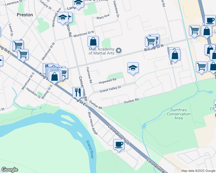 map of restaurants, bars, coffee shops, grocery stores, and more near 559 Grand Valley Drive in Cambridge