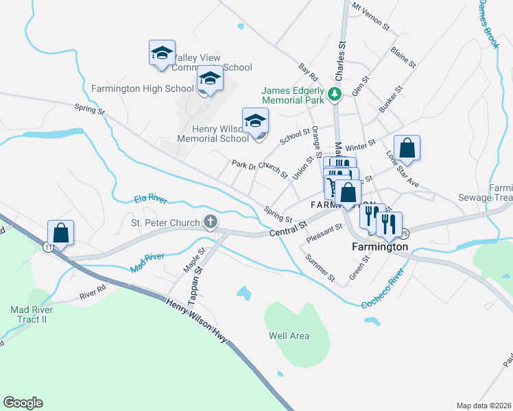 map of restaurants, bars, coffee shops, grocery stores, and more near 38 Spring Street in Farmington